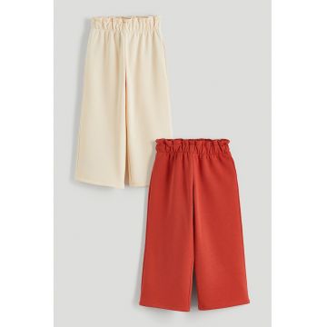 Pantaloni drepti cu model uni si talie elastica - 2 piese - Caramiziu/Crem