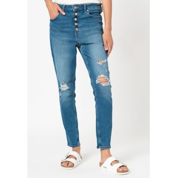 Blugi super skinny cu talie inalta si detalii deteriorate